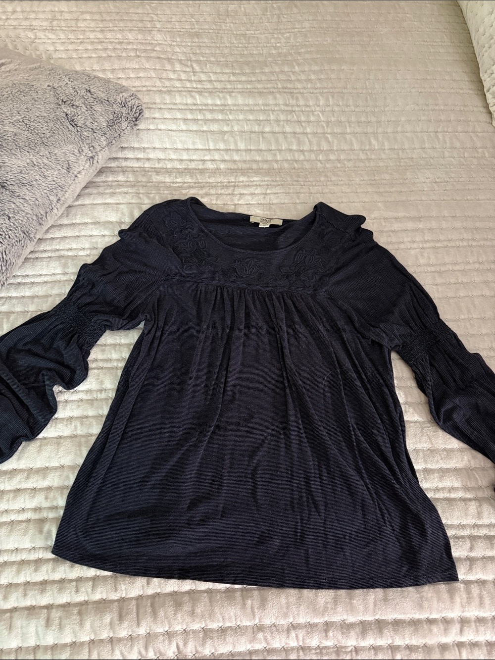 Vintage Navy Long-Sleeve Embroidered Yoke Top